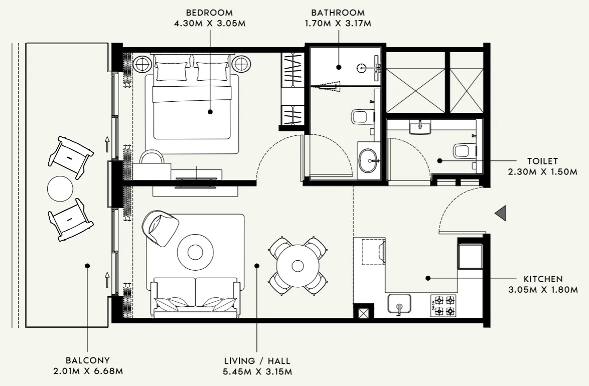 Azizi Venice 1 bed floor plan, 736 sqft