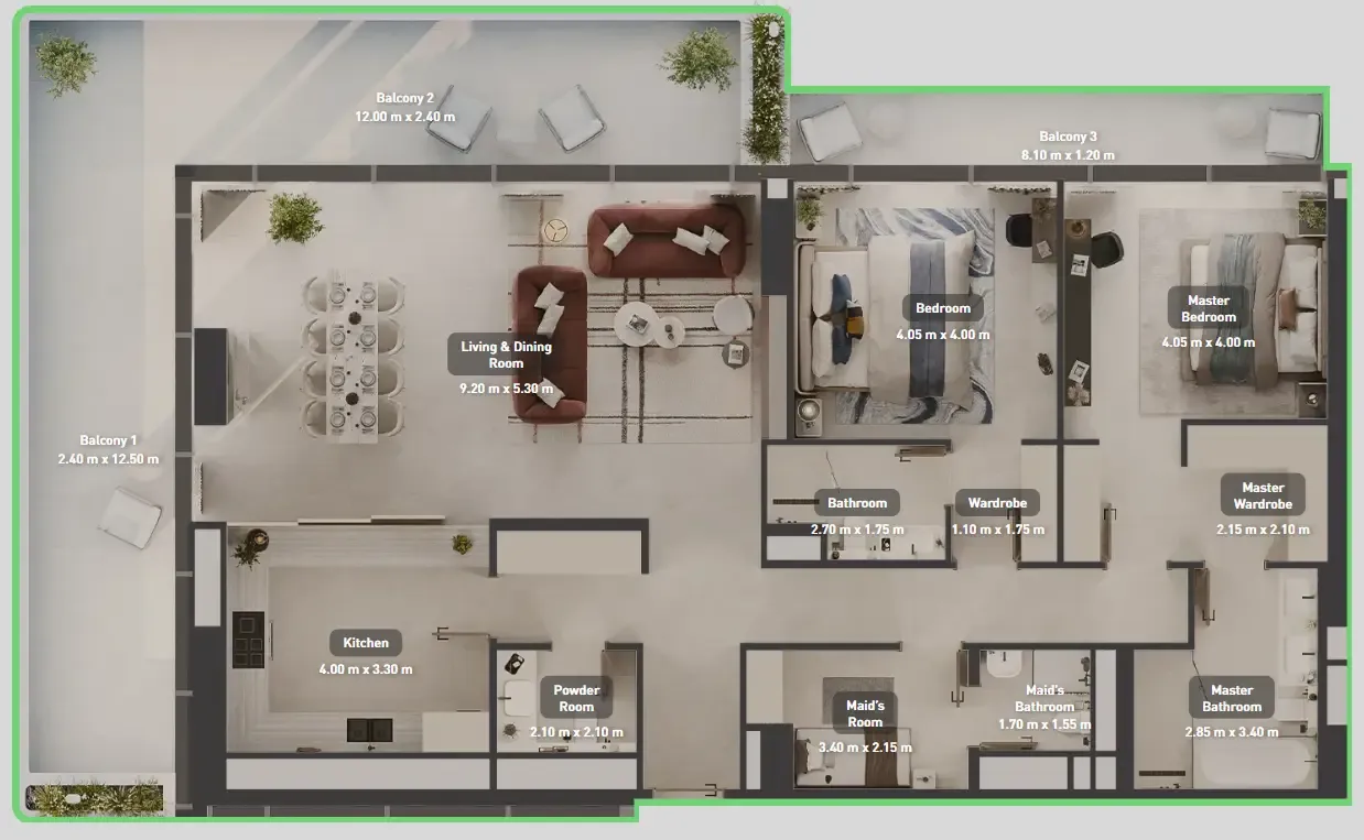 Luluat Marina at Luluat Al Raha 2 bed floor plan, 2,425 sqft