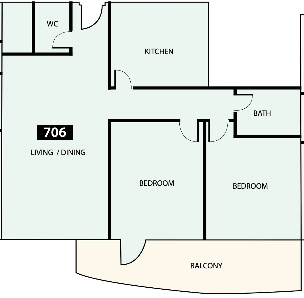 Paradise View 1 2 bed floor plan, 1,159 sqft