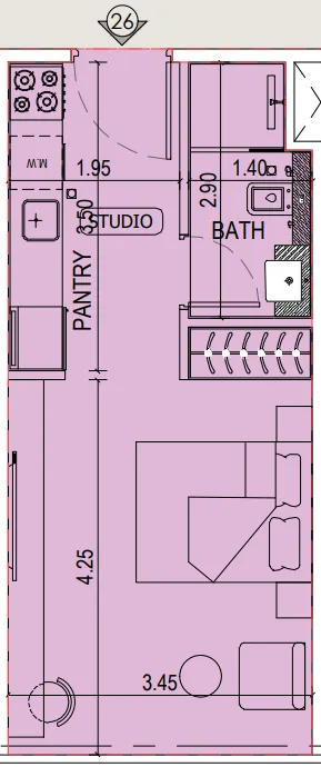 Binghatti Sky Terraces Studio floor plan, 311 sqft