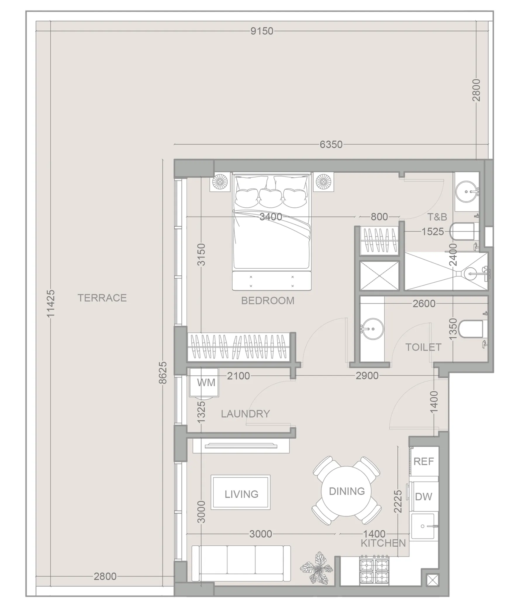 1WOOD Residence 2 1 bed floor plan, 1,113 sqft