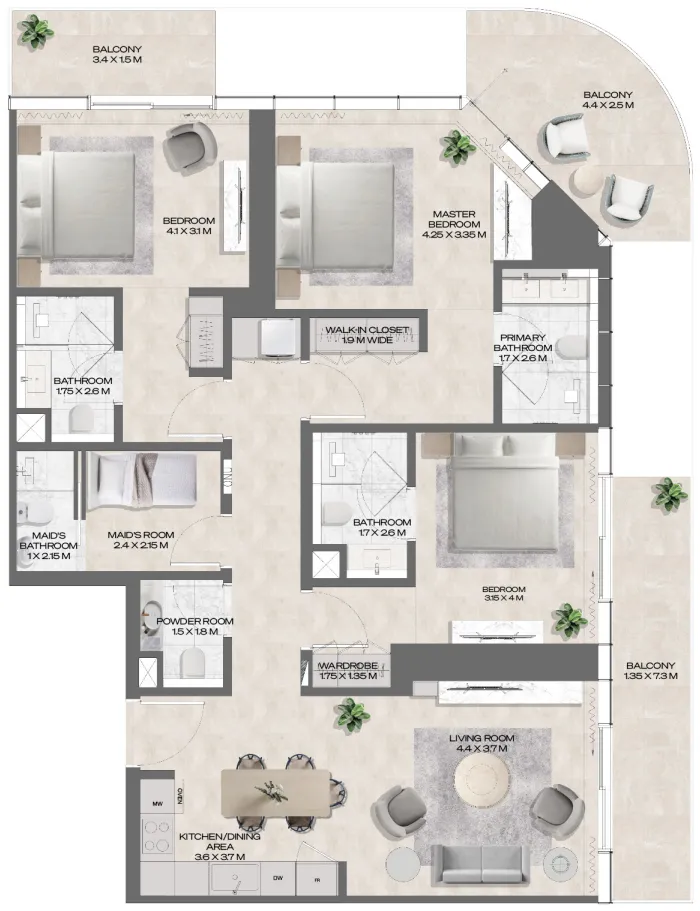 DWTN Residences 3 bed floor plan, 1,681 sqft