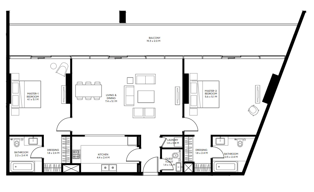 Nesba 3 2 bed floor plan, 1,927 sqft