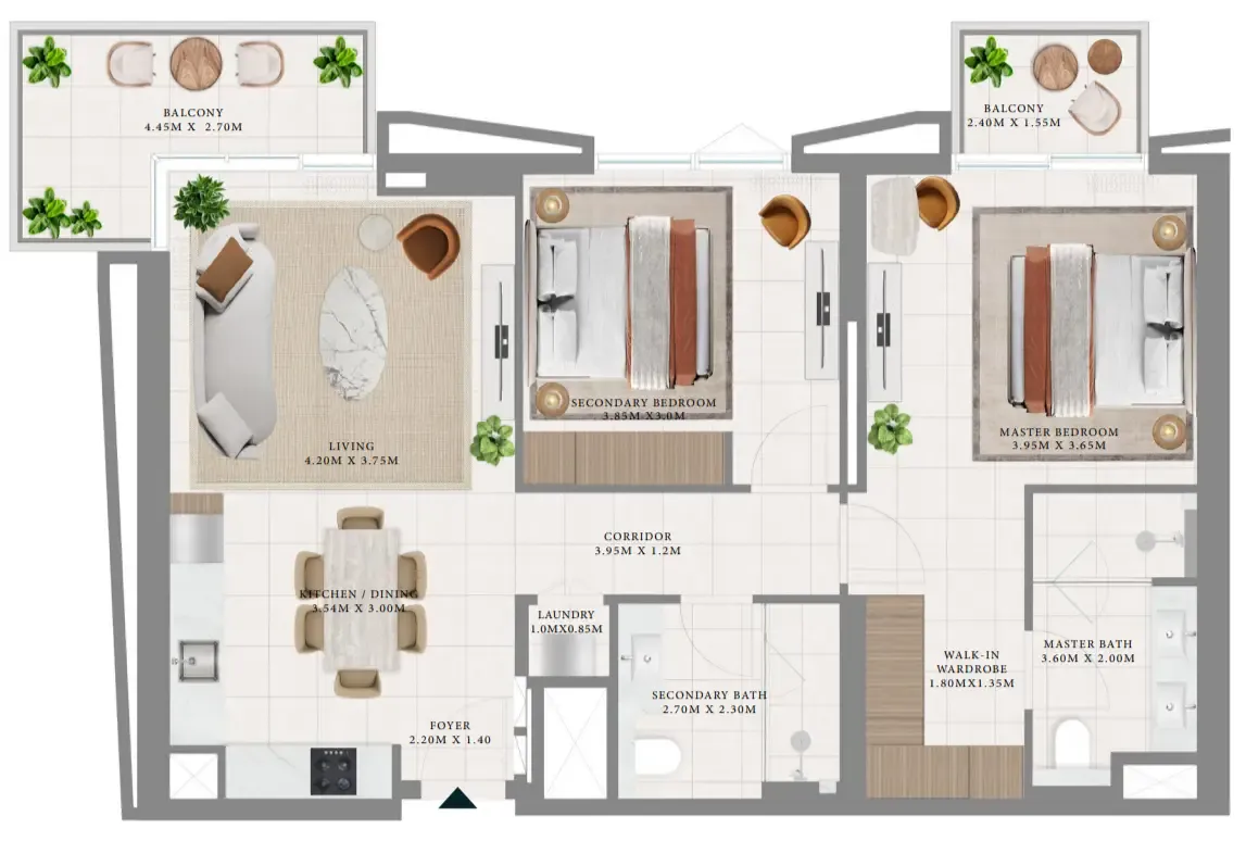Hillsedge 2 bed floor plan, 1,140 sqft
