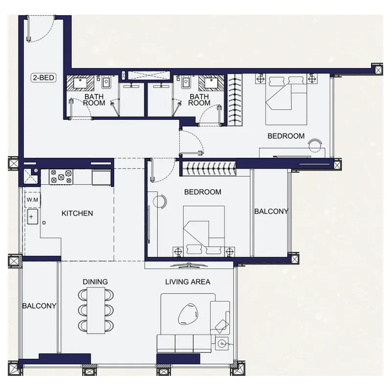 Binghatti Starfall 2 bed floor plan, 1,284 – 1,285 sqft