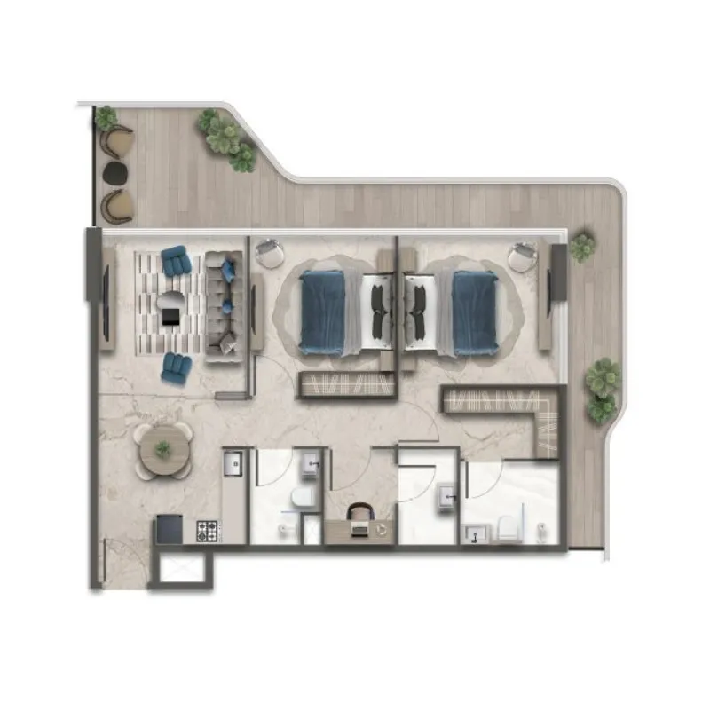 Treppan Vision 2 bed floor plan, 1,316 – 1,361 sqft
