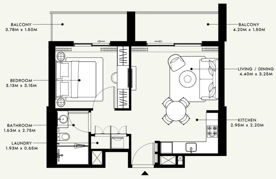 Beach Oasis 1 and 2 1 bed floor plan, 677 sqft