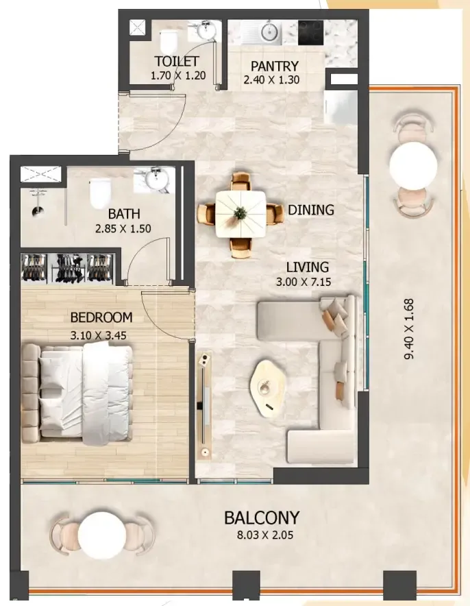Crystal Tower by VHS 1 bed floor plan, 834 sqft