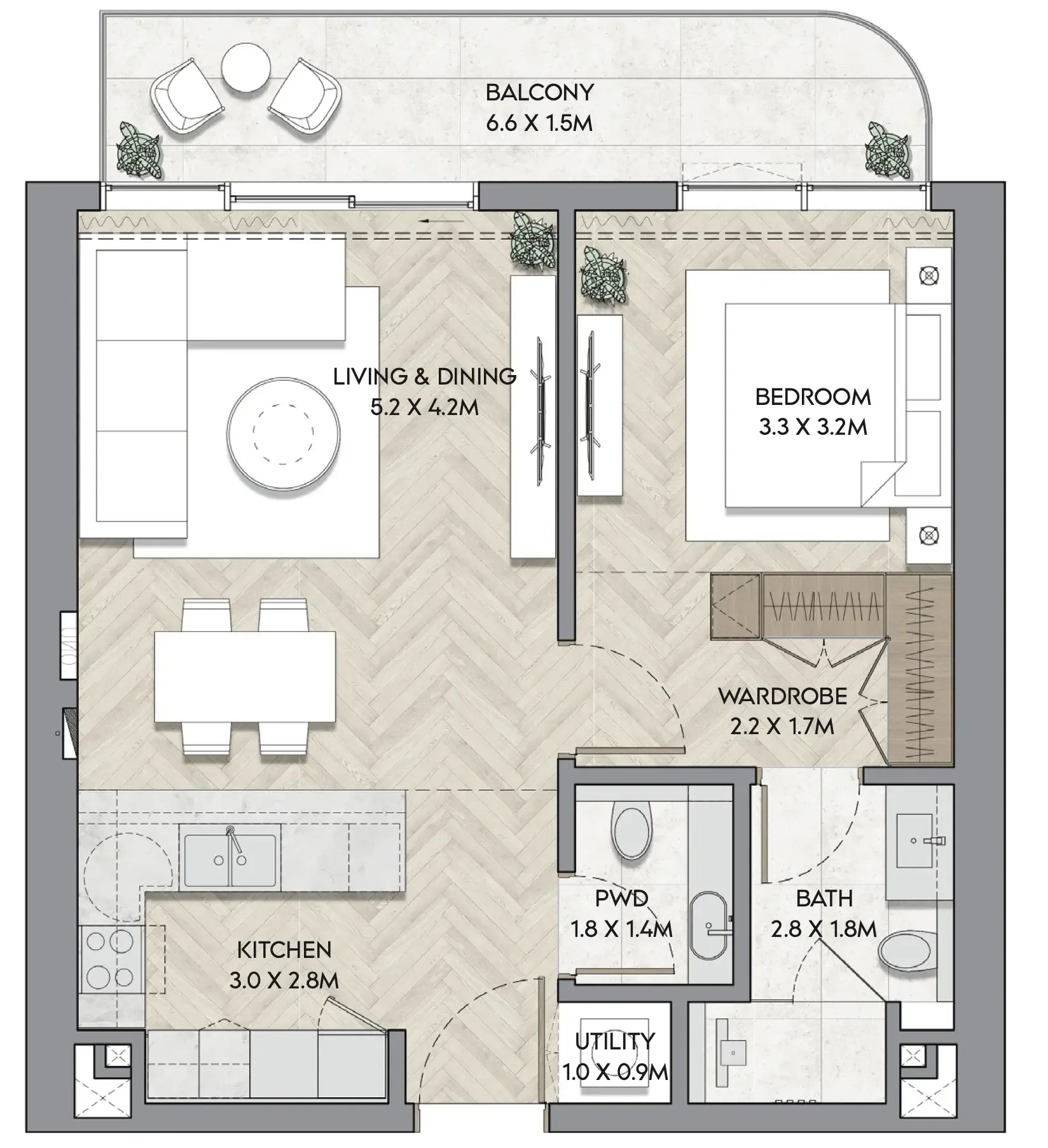 Nura 1 bed floor plan, 805 sqft