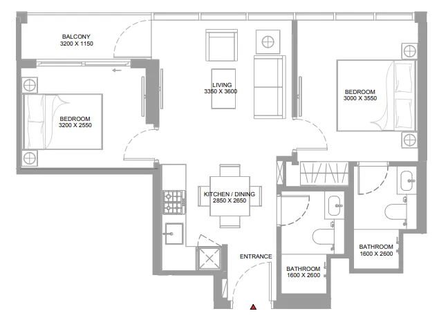 Canalside Marina Residences 2 bed floor plan, 652 – 655 sqft