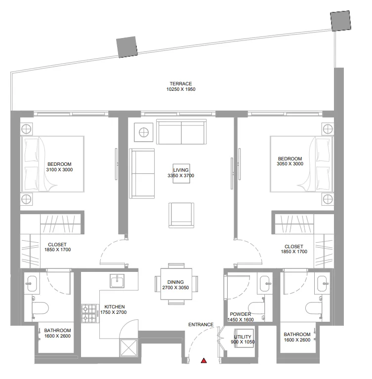 Pierside Marina Residences 2 bed floor plan, 1,079 sqft