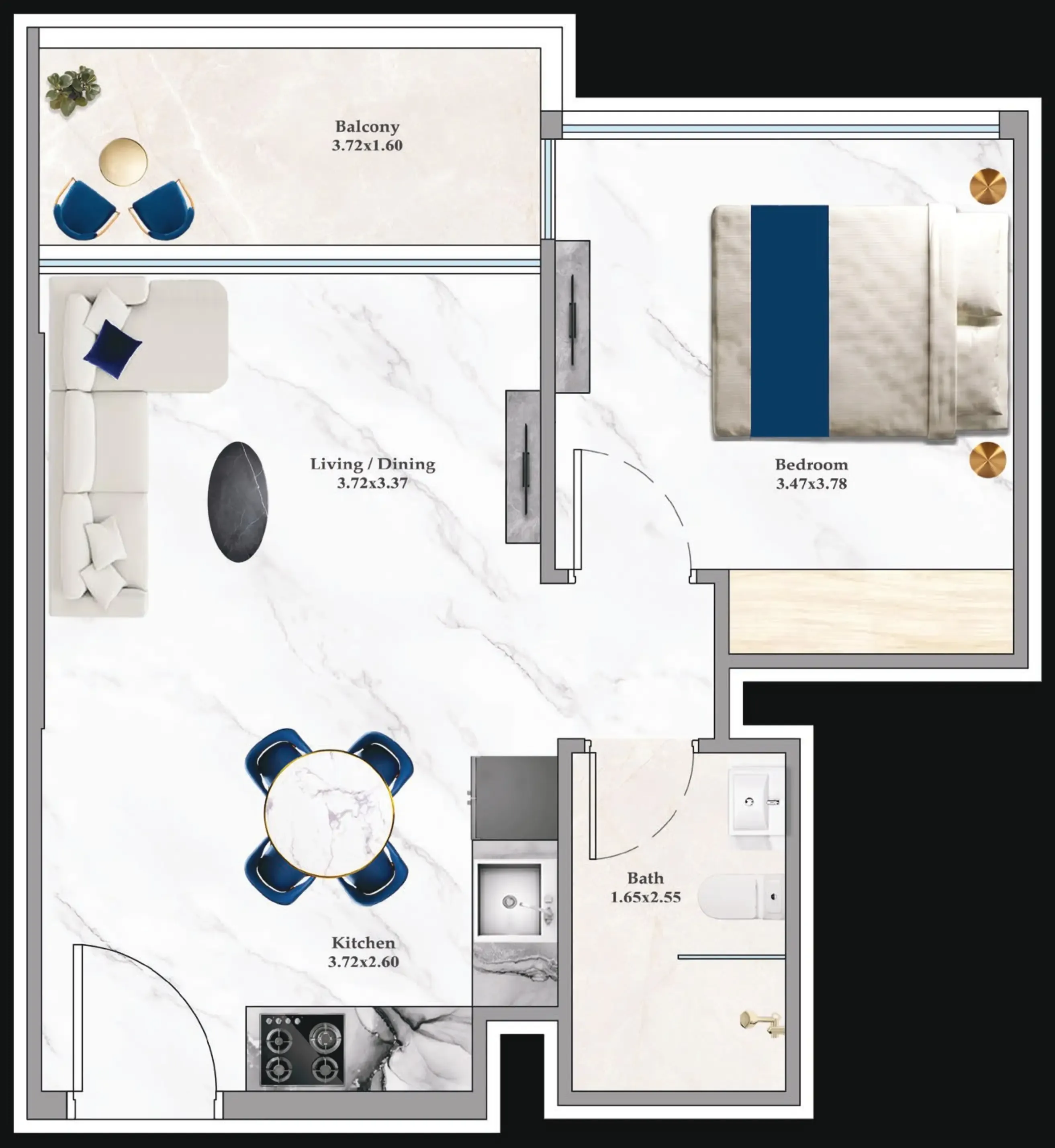 Aspirz 1 bed floor plan, 473 – 489 sqft