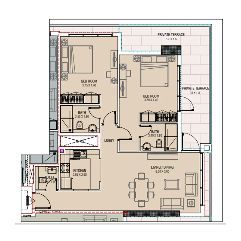 Al Waleed W.S 1 2 bed floor plan, 1,277 – 1,327 sqft