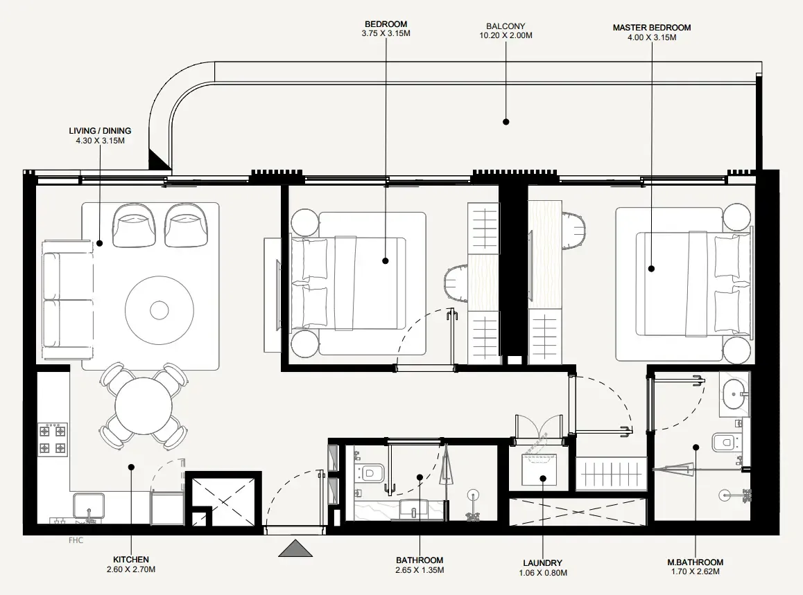 Azizi Abraham 2 bed floor plan, 1,019 sqft