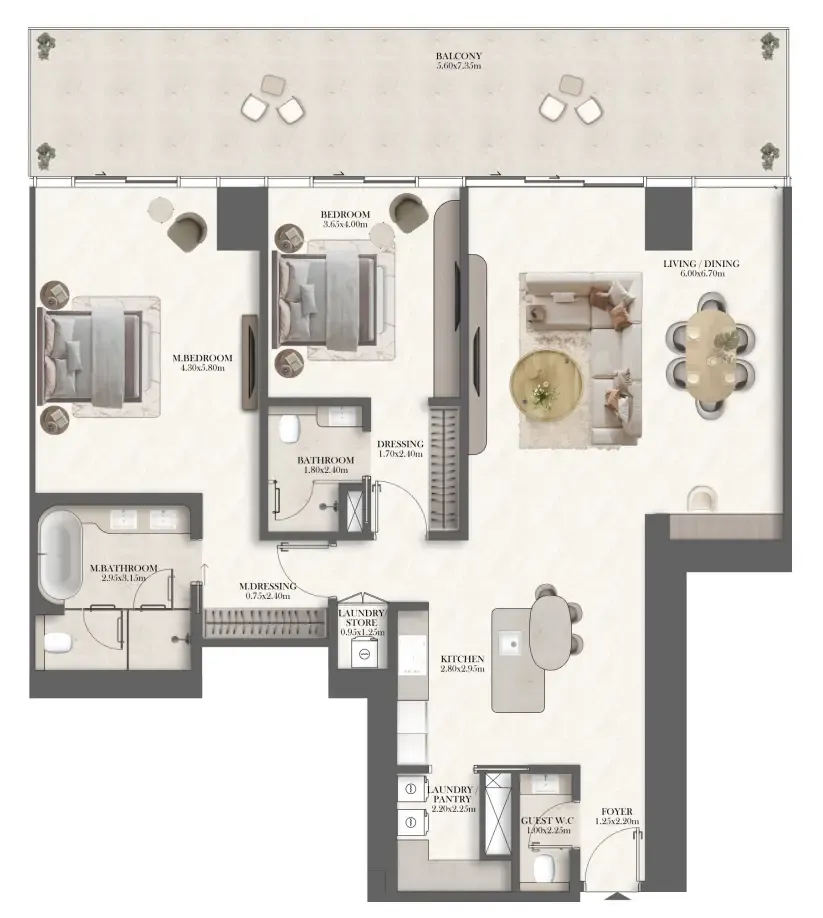 Jumeirah Residences at Al Maryah Island 2 bed floor plan, 1,893 sqft