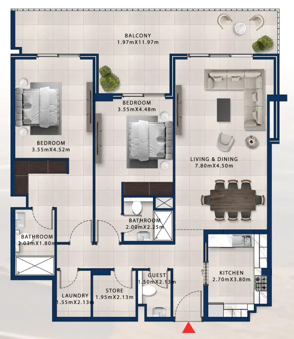 Asayel Avenue 2 bed floor plan, 1,748 sqft