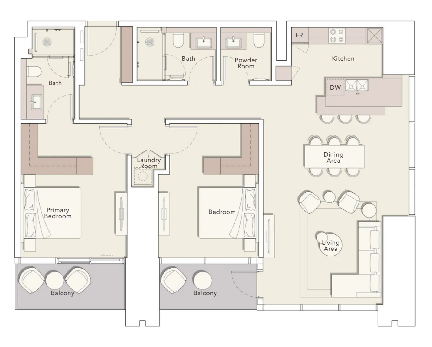 One River Point 2 bed floor plan, 1,490 sqft