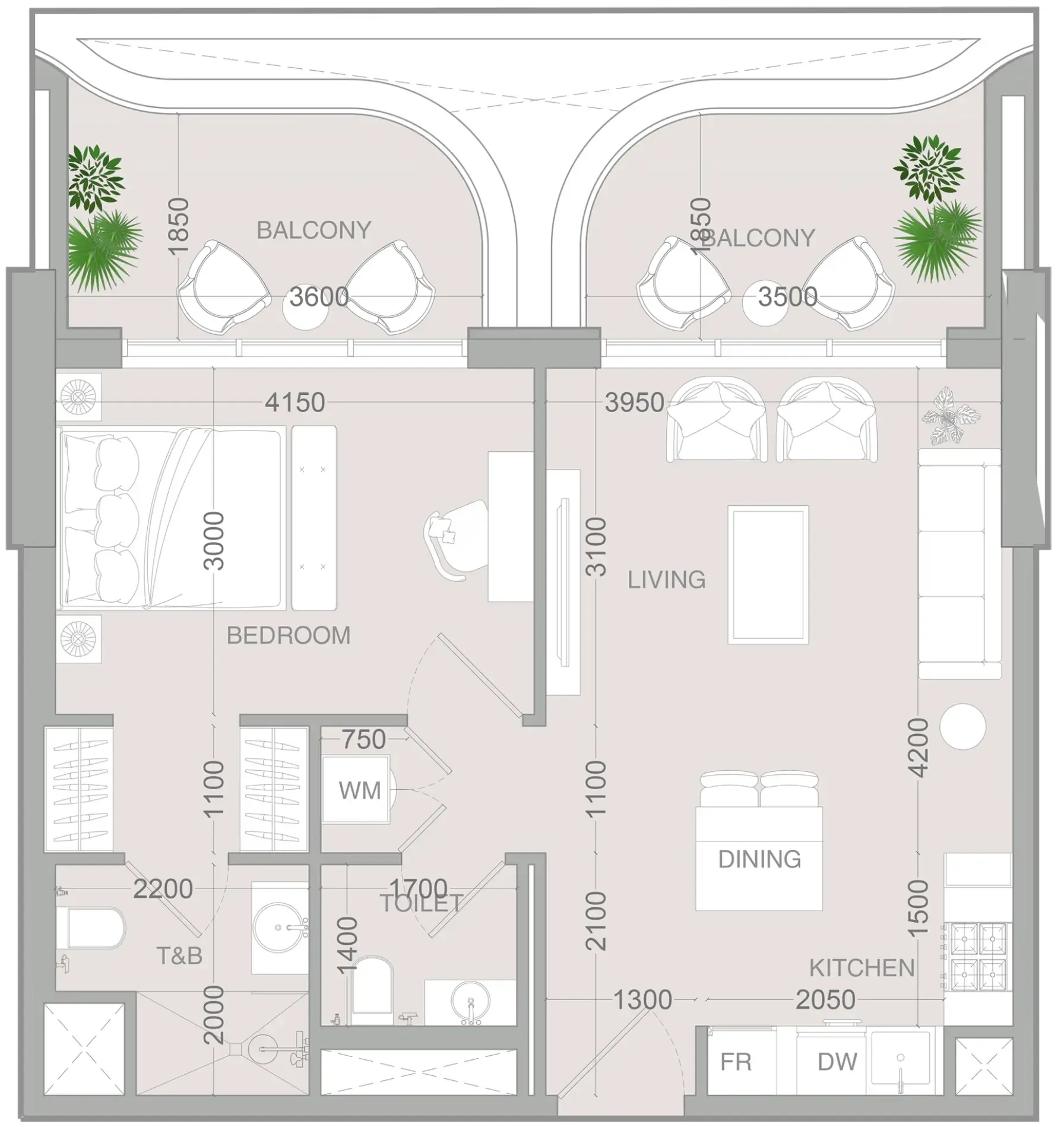 ALTA V1EW 1 bed floor plan, 736 sqft
