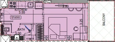 Binghatti Vintage Studio floor plan, 374 – 375 sqft