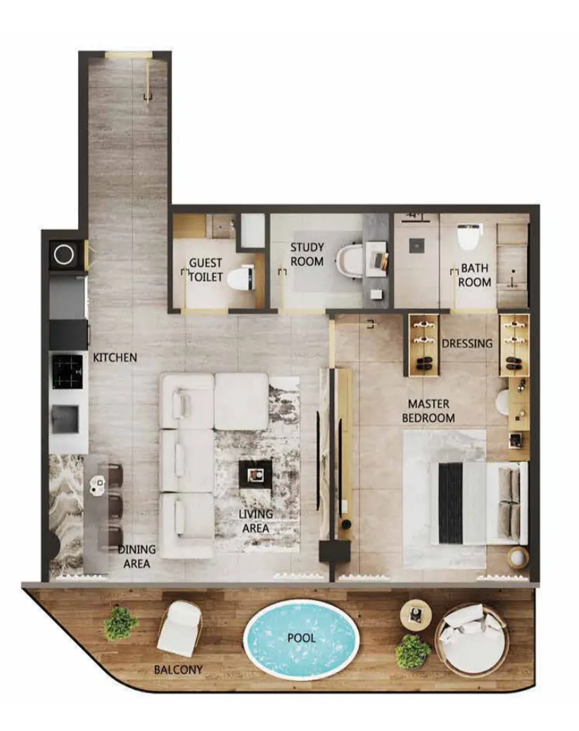 Arya Residences 1 bed floor plan, 936 sqft