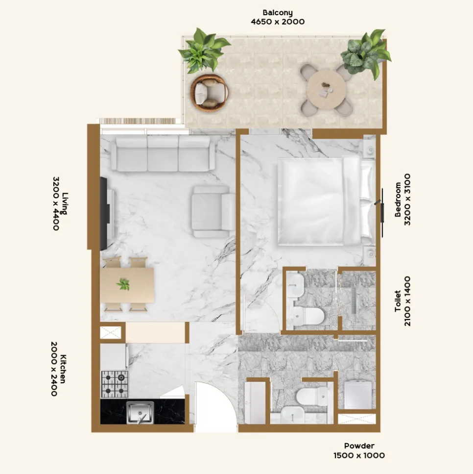RR Residence 1 bed floor plan, 631 – 641 sqft