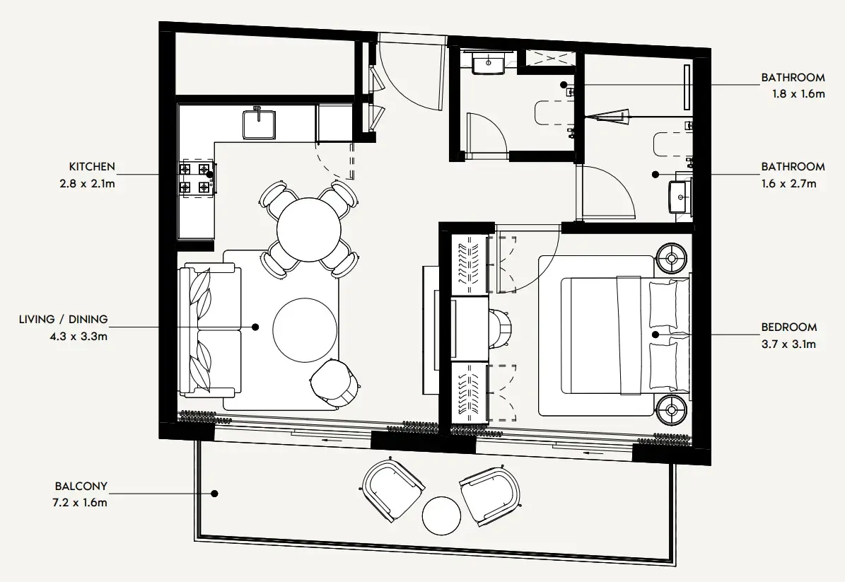 Azizi Noura 1 bed floor plan, 671 sqft