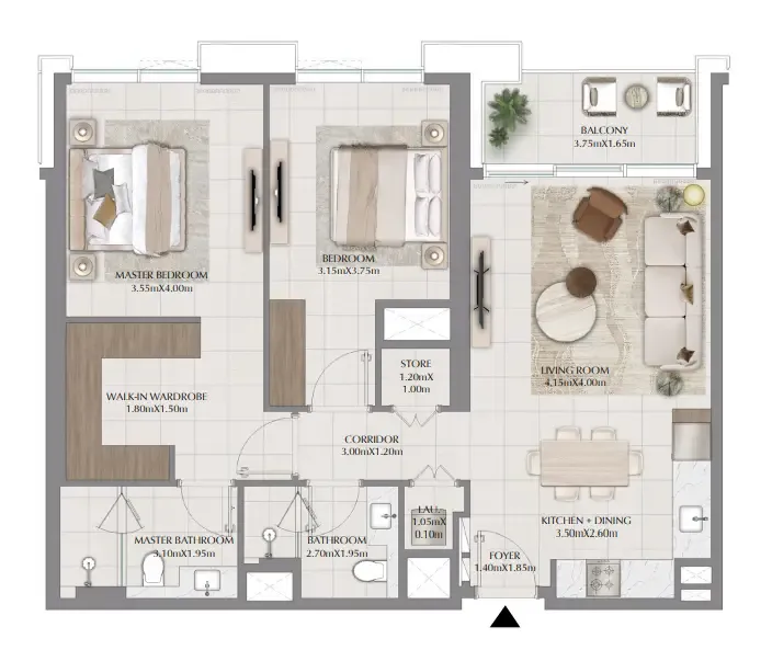 Terra Gardens 2 bed floor plan, 1,113 sqft