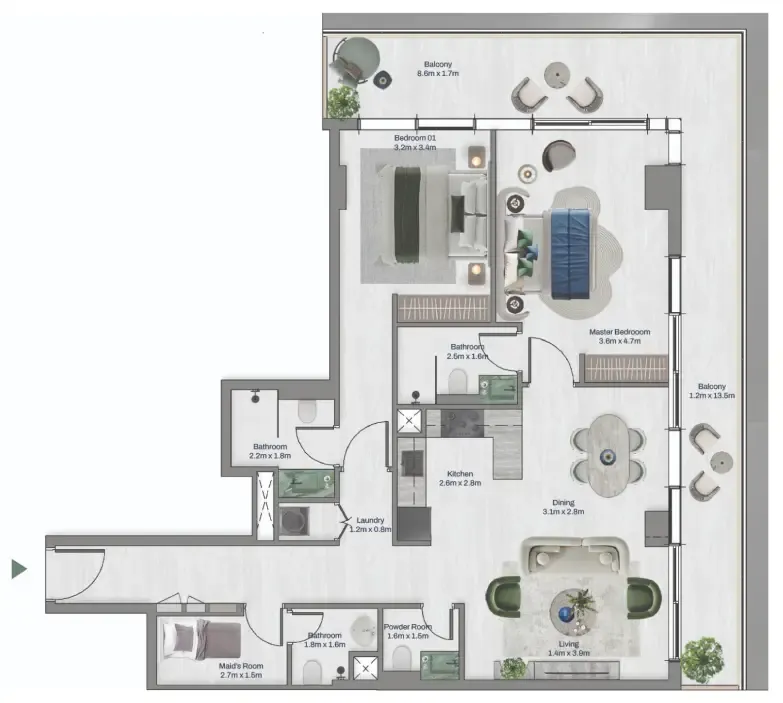 Oceara Park View Residences Phase 1 2 bed floor plan, 1,457 sqft