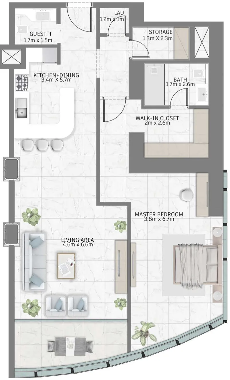 Al Habtoor Tower 1 bed floor plan, 1,210 sqft