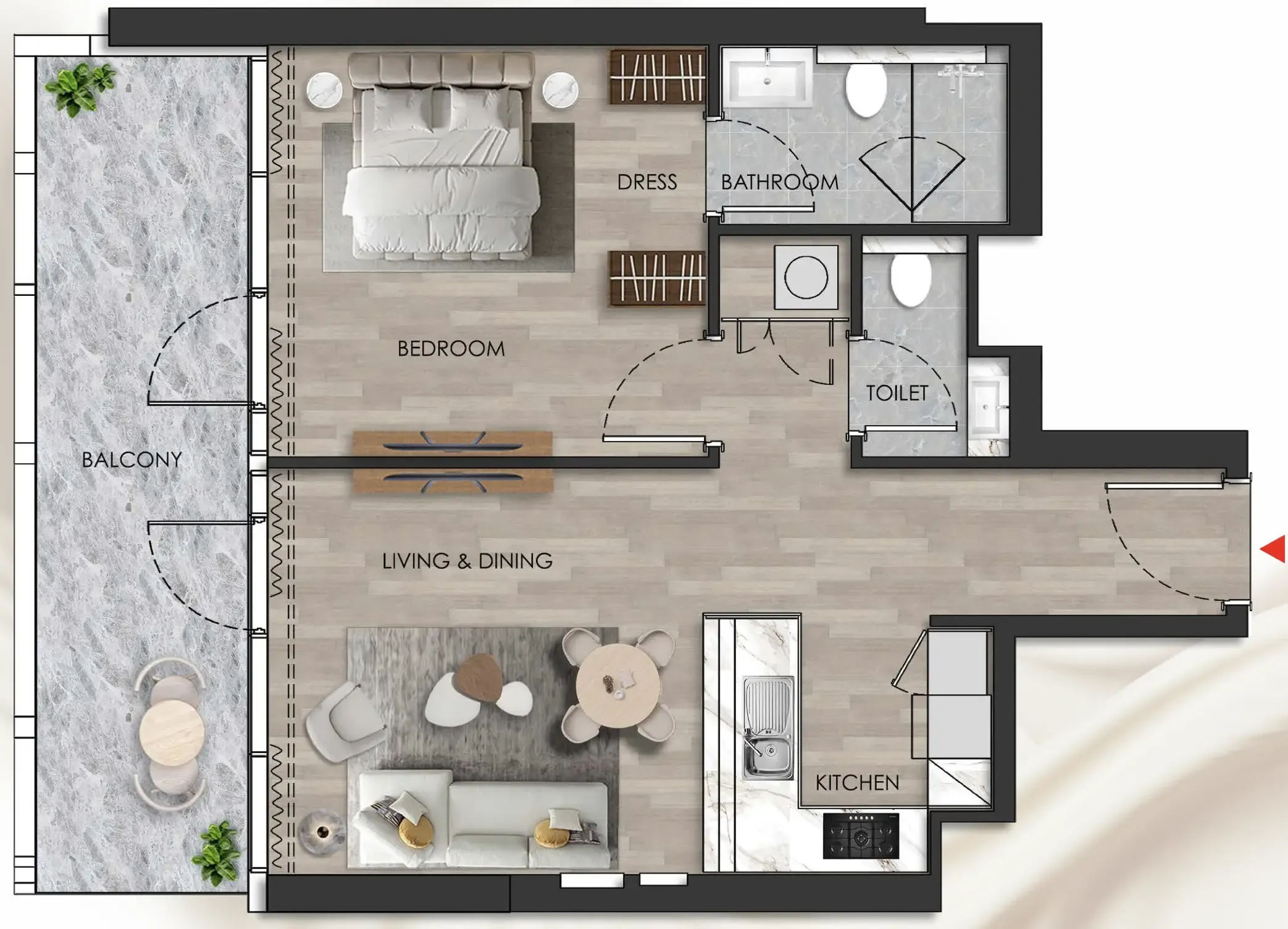 Island Heights 1 bed floor plan, 834 – 835 sqft
