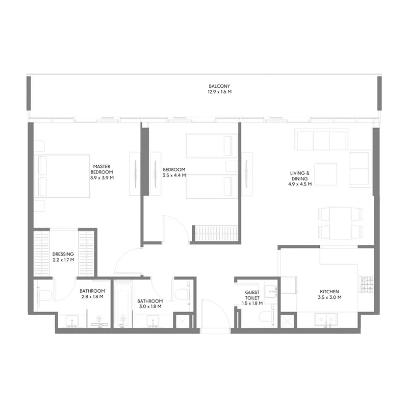The Gate 5 2 bed floor plan, 1,223 sqft