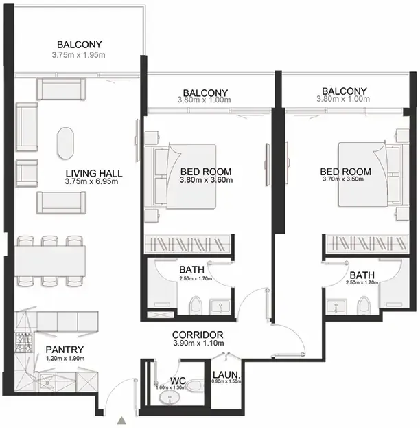 Ashley Hills 2 bed floor plan, 1,246 sqft