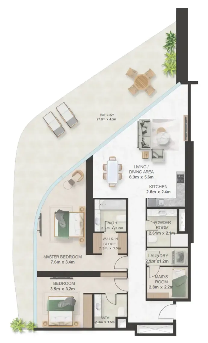 Oystra 2 bed floor plan, 2,301 sqft