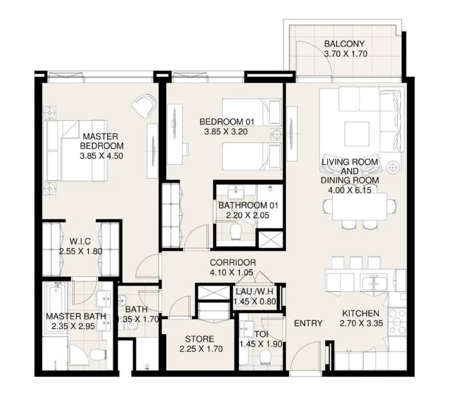 Canal Front Residences 3 and 4 2 bed floor plan, 1,350 sqft