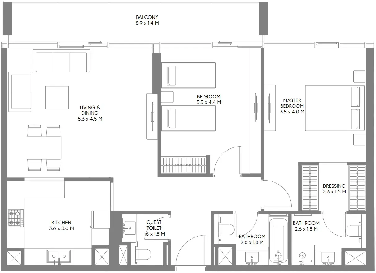 The Gate 5 2 bed floor plan, 1,239 sqft