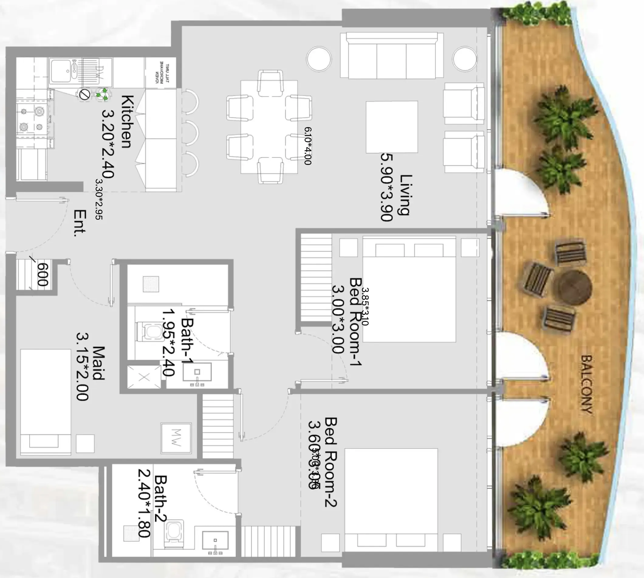 311 Boulevard 2 bed floor plan, 1,199 sqft