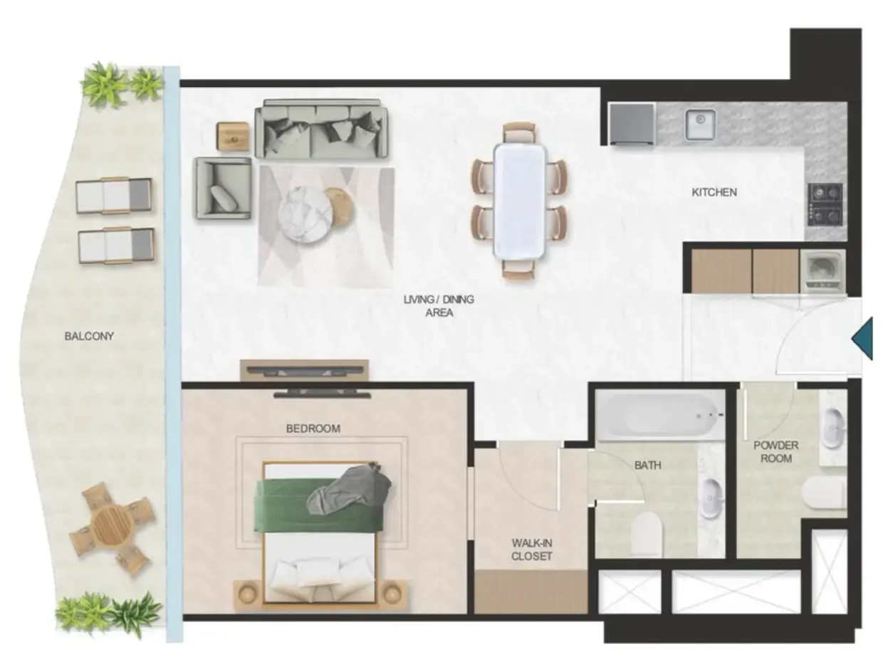 Oystra 1 bed floor plan, 912 sqft