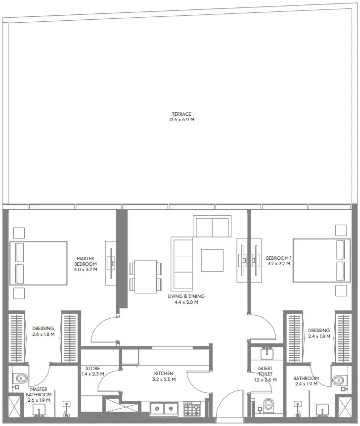 The Gate 3 and 4 2 bed floor plan, 1,918 sqft