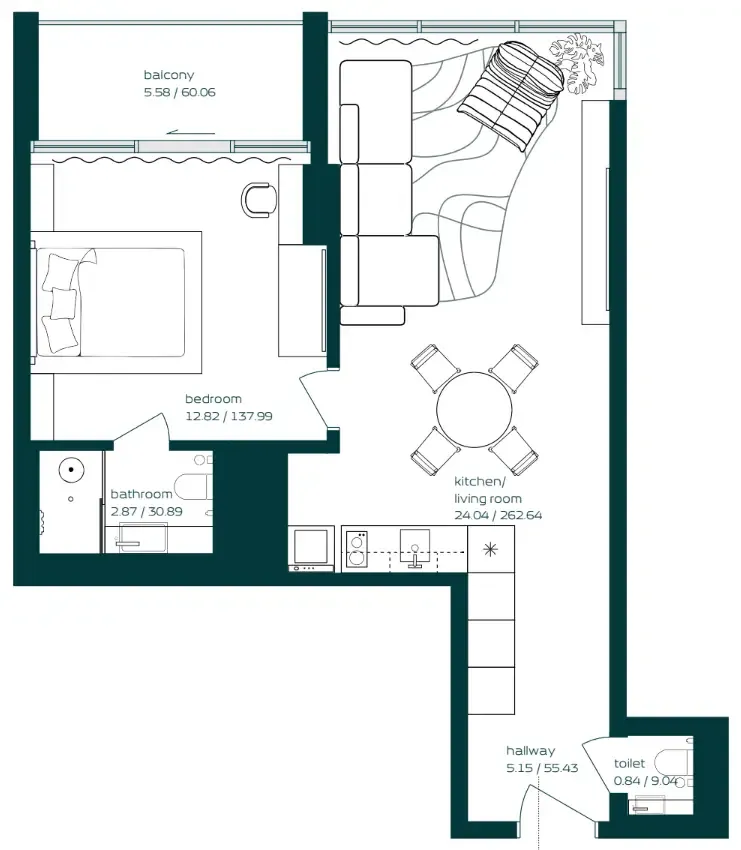 Vibe 1 bed floor plan, 635 sqft