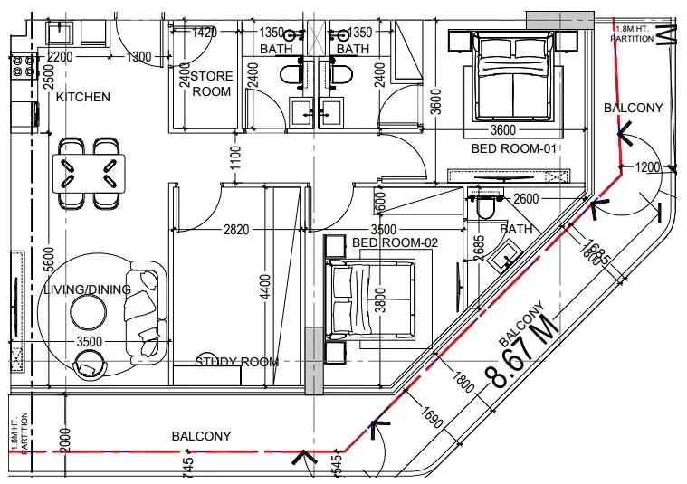 Al Haseen Residences 6 2 bed floor plan, 1,448 sqft