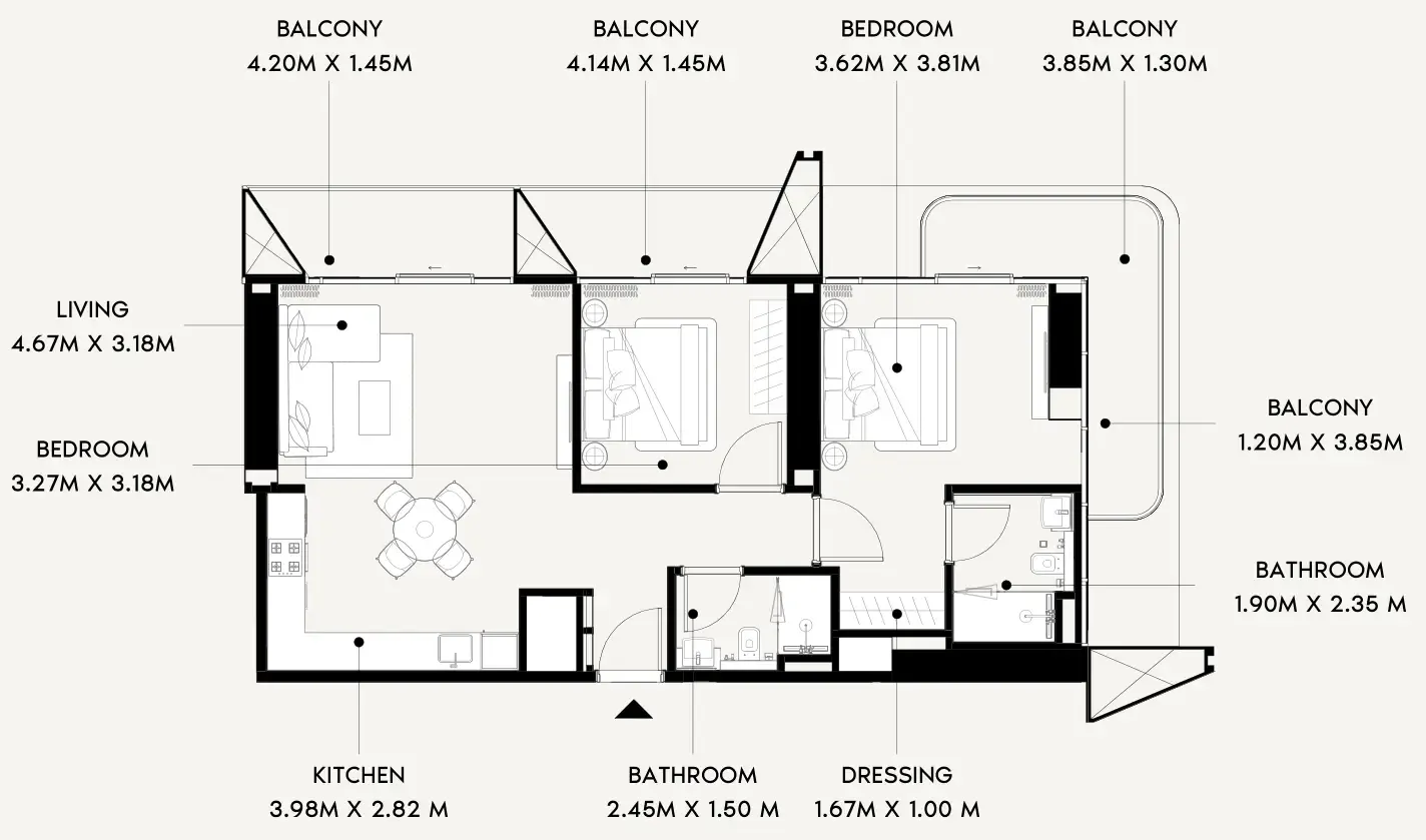 Azizi Wares 2 bed floor plan, 1,085 sqft