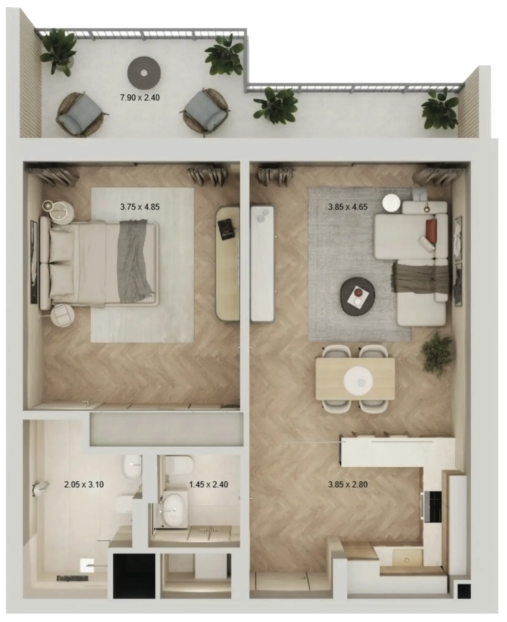 Arisha Terraces 1 bed floor plan, 807 sqft