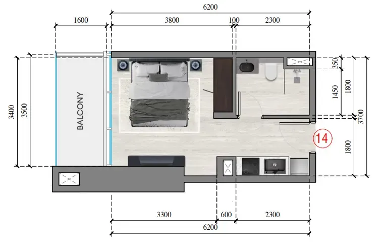 Auresta Tower Studio floor plan, 329 sqft