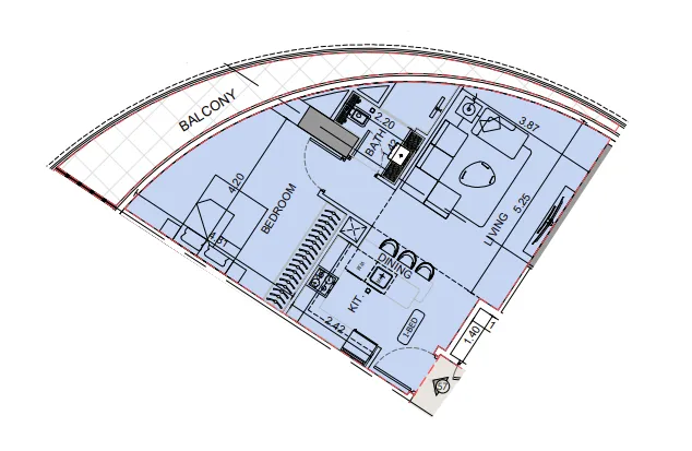 Binghatti Aquarise 1 bed floor plan, 790 sqft