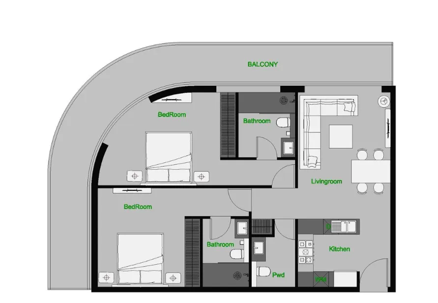 The Central Downtown 2 bed floor plan, 1,324 sqft