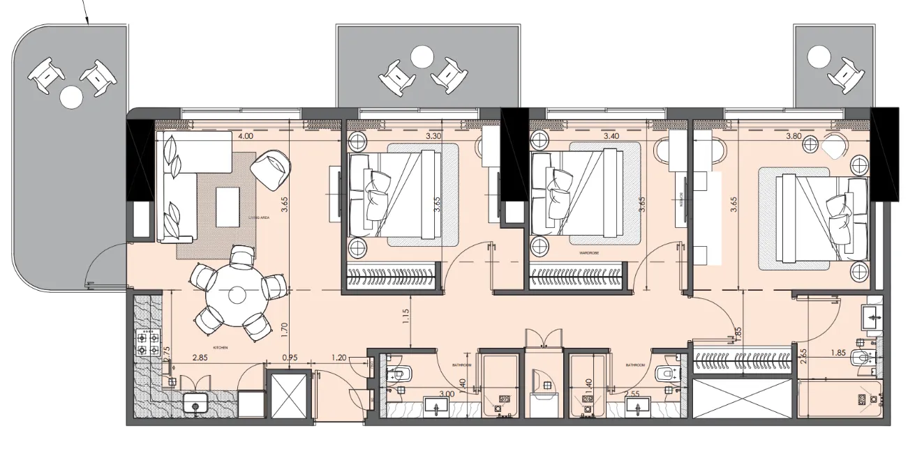 Azizi Wasel 3 bed floor plan, 1,344 sqft