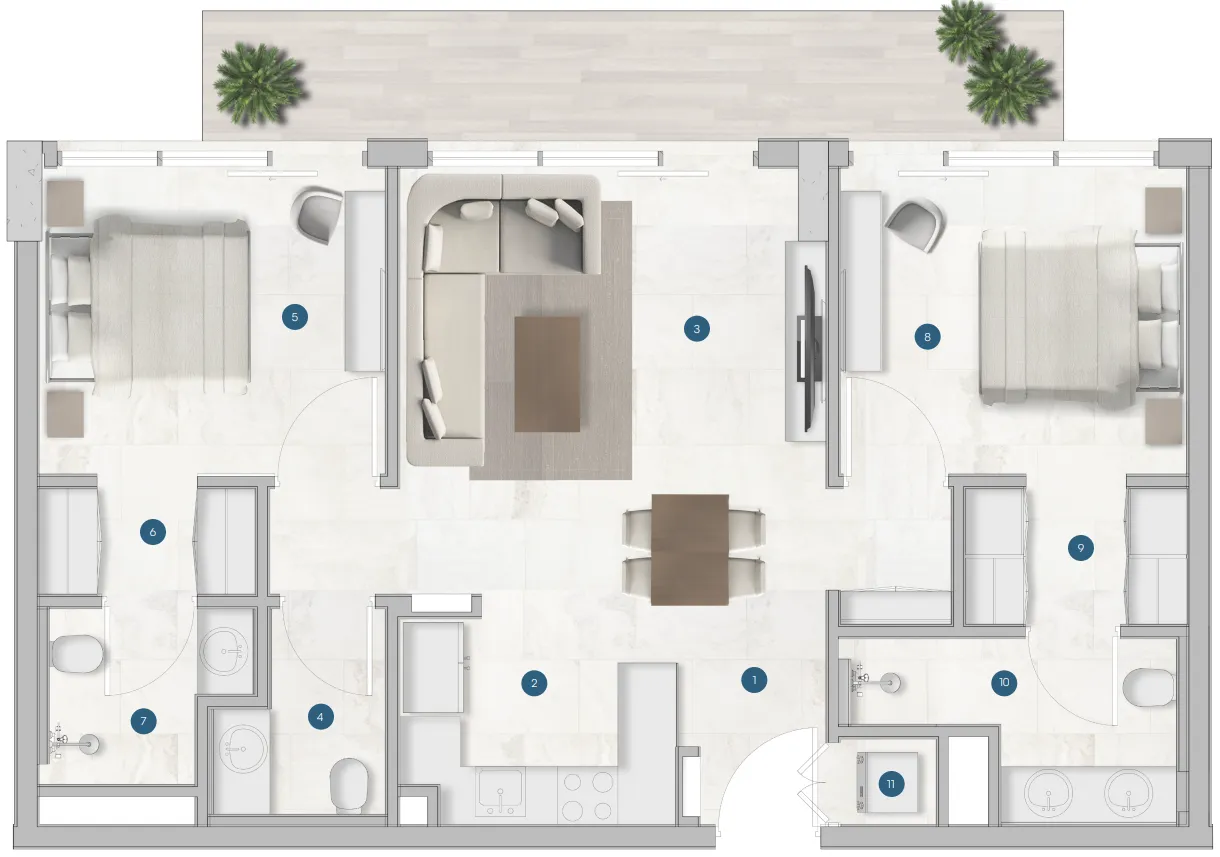 Sola Residences 2 bed floor plan, 1,344 sqft