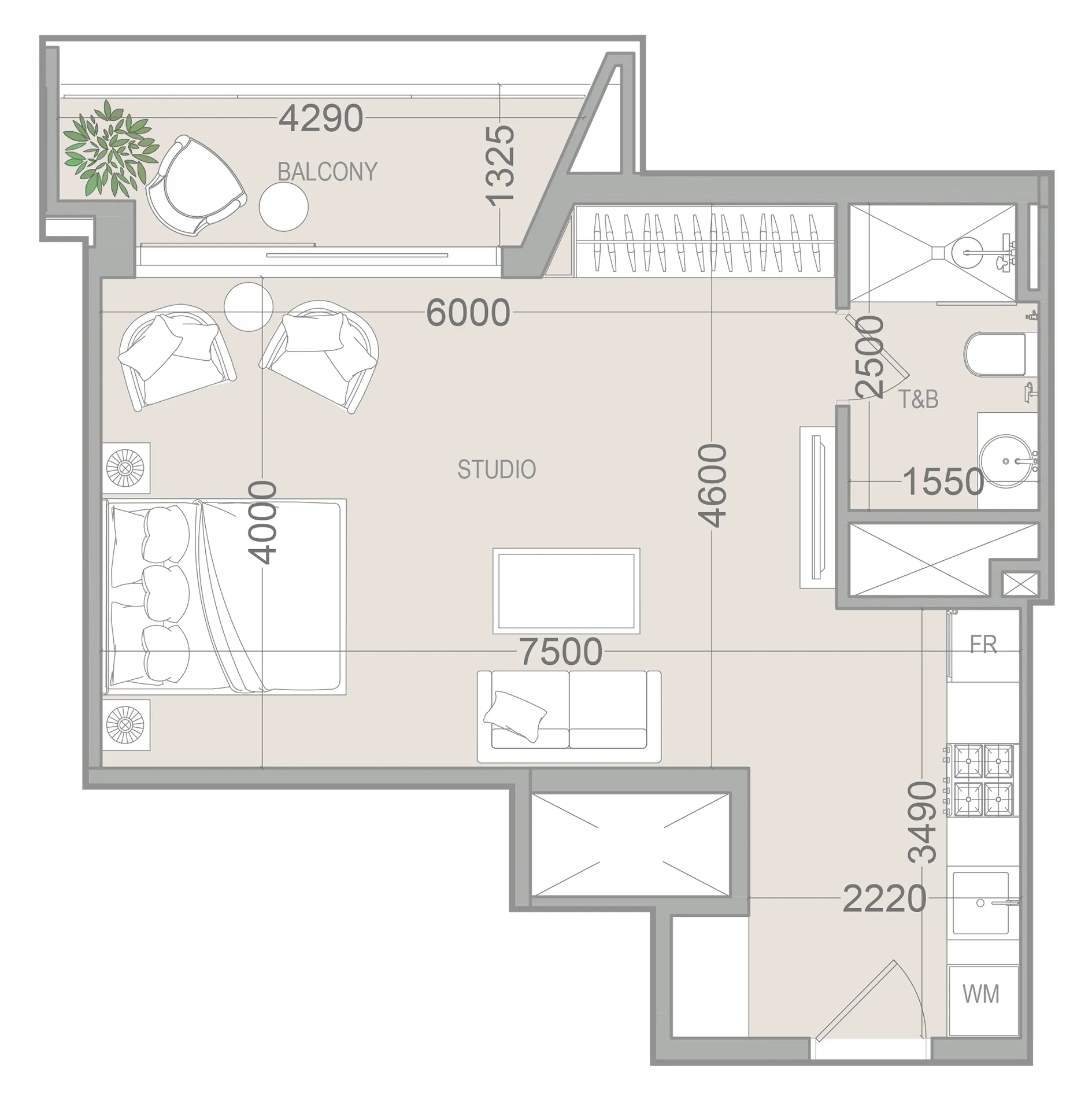 EVERGR1N House 4 Studio floor plan, 490 sqft