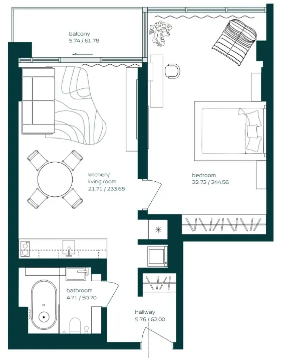 Vibe 1 bed floor plan, 731 sqft