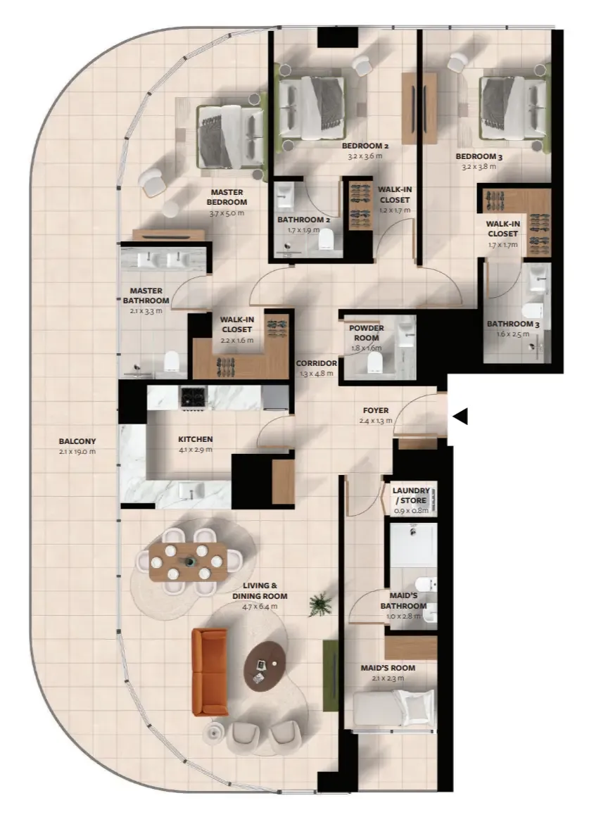 Waada Dubai South 3 bed floor plan, 2,243 sqft